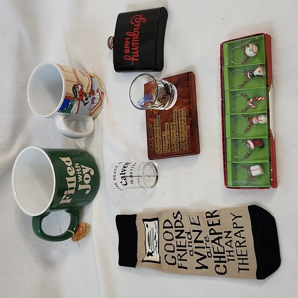 Holiday Mugs, Flask, Shot Glass Set and Wine Accessories